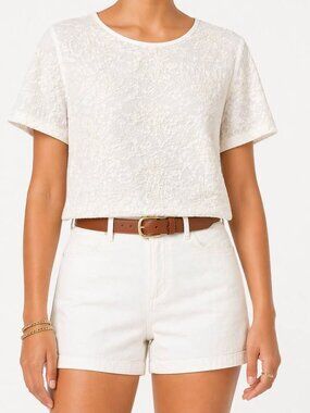 Floral Textured Lace Feminine Minimal Neutral Elevated Short Sleeve Top [size L]